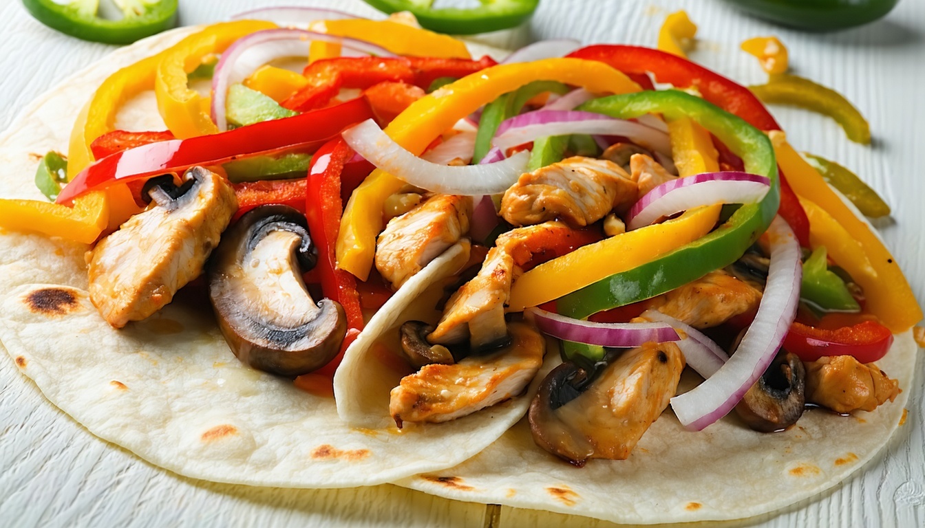 Chicken fajita using medium size whole wheat tortilla chicken breast onion bell peppers of different colors mushrooms-1