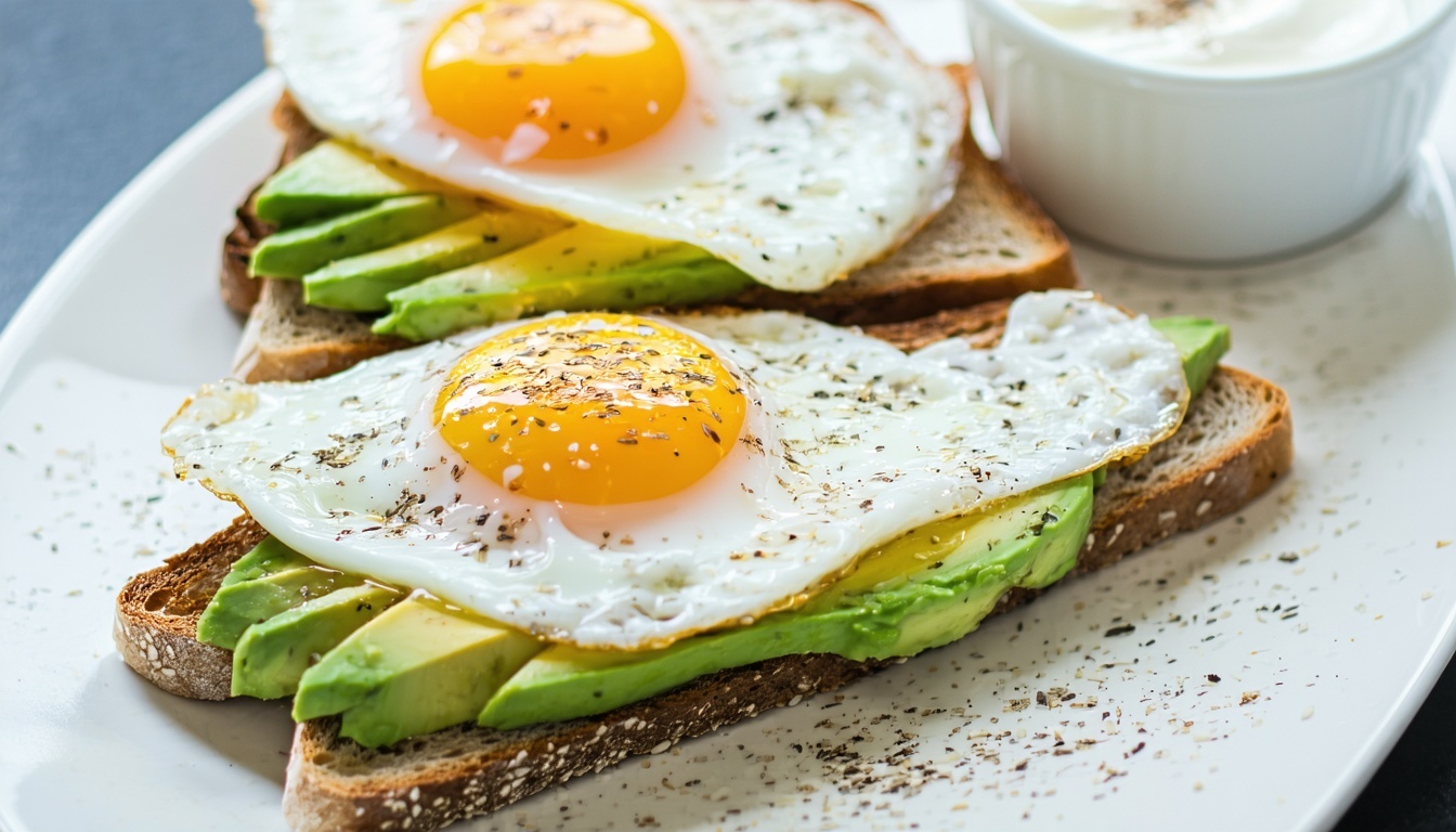 Eggs and avocado over whole wheat toast and yogurt on the side-1