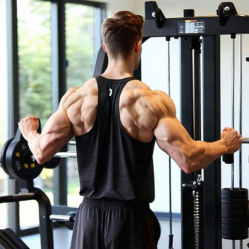 Man standing in a gym using the workout machine to work his back muscles by pulling the handle while the weights lift up within the machine-1