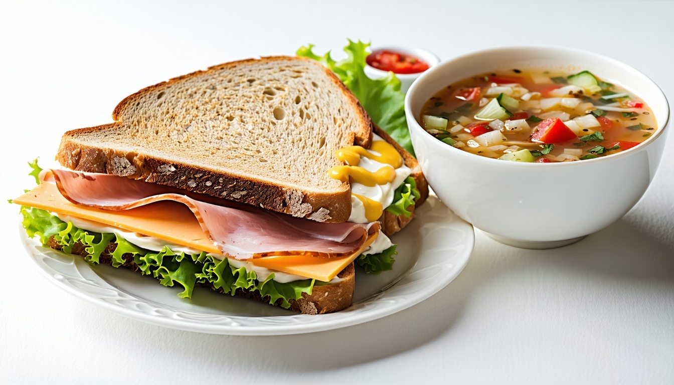 Whole wheat bread sandwich with cheese cold cut meat mustard and mayonnaise and a bowl of vegetable soup and salad