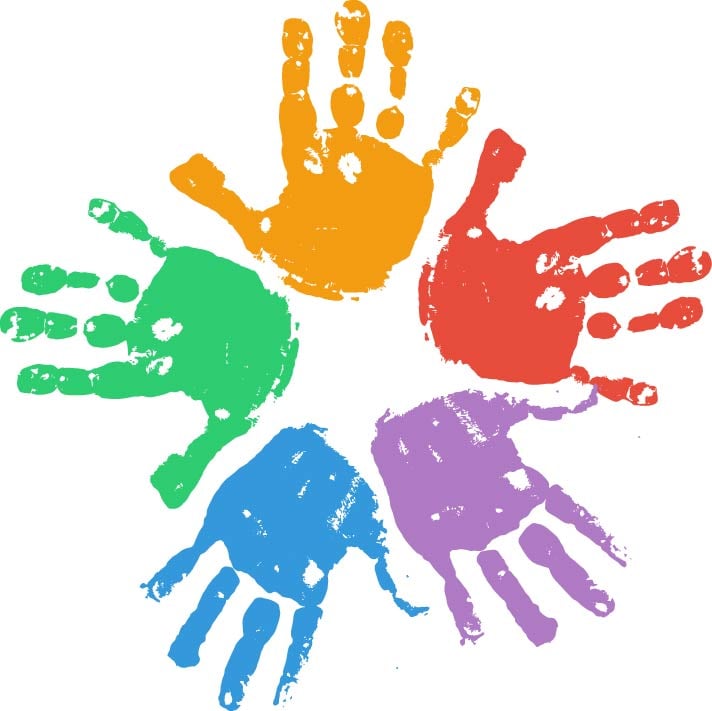 five colorful paint hands