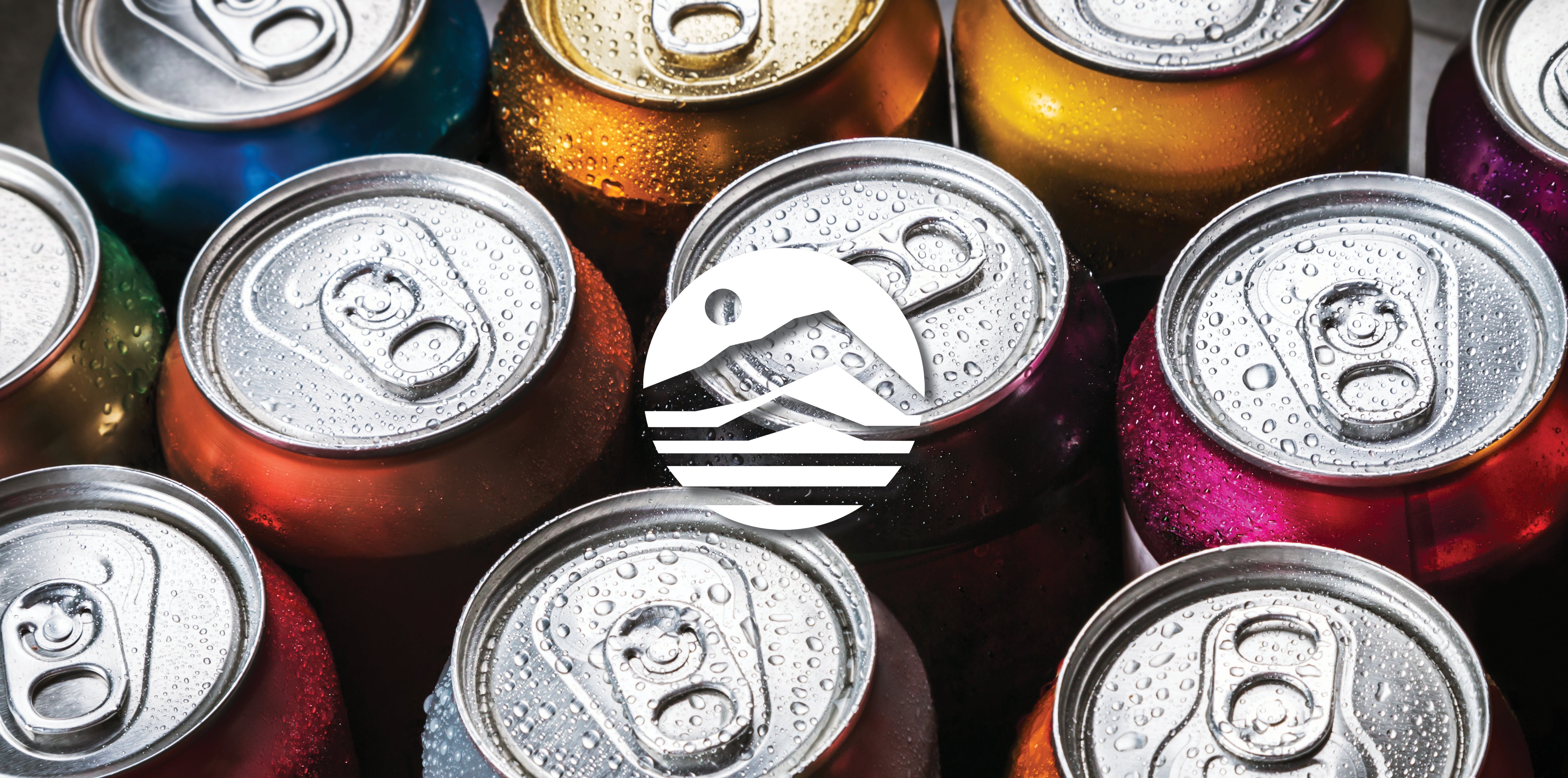 Multiple cans of yellow, blue, orange, pink, and red sodas, with The Alaska Club logo over-layed.